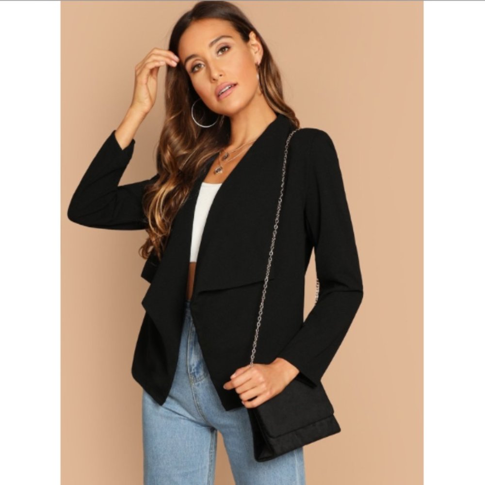Black Stretch Waterfall Collar Everyday Blazer